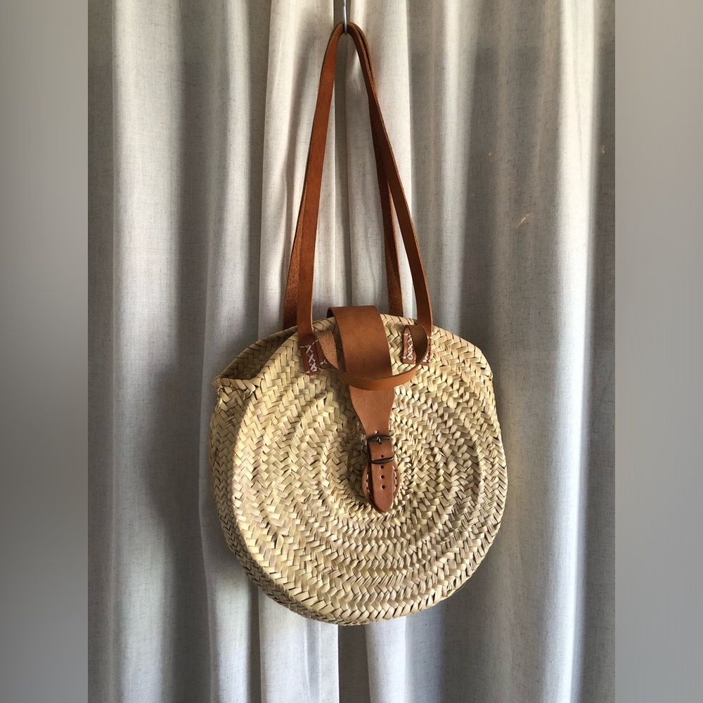 Round Woven Shoulder Bag with Tan Leather Trim